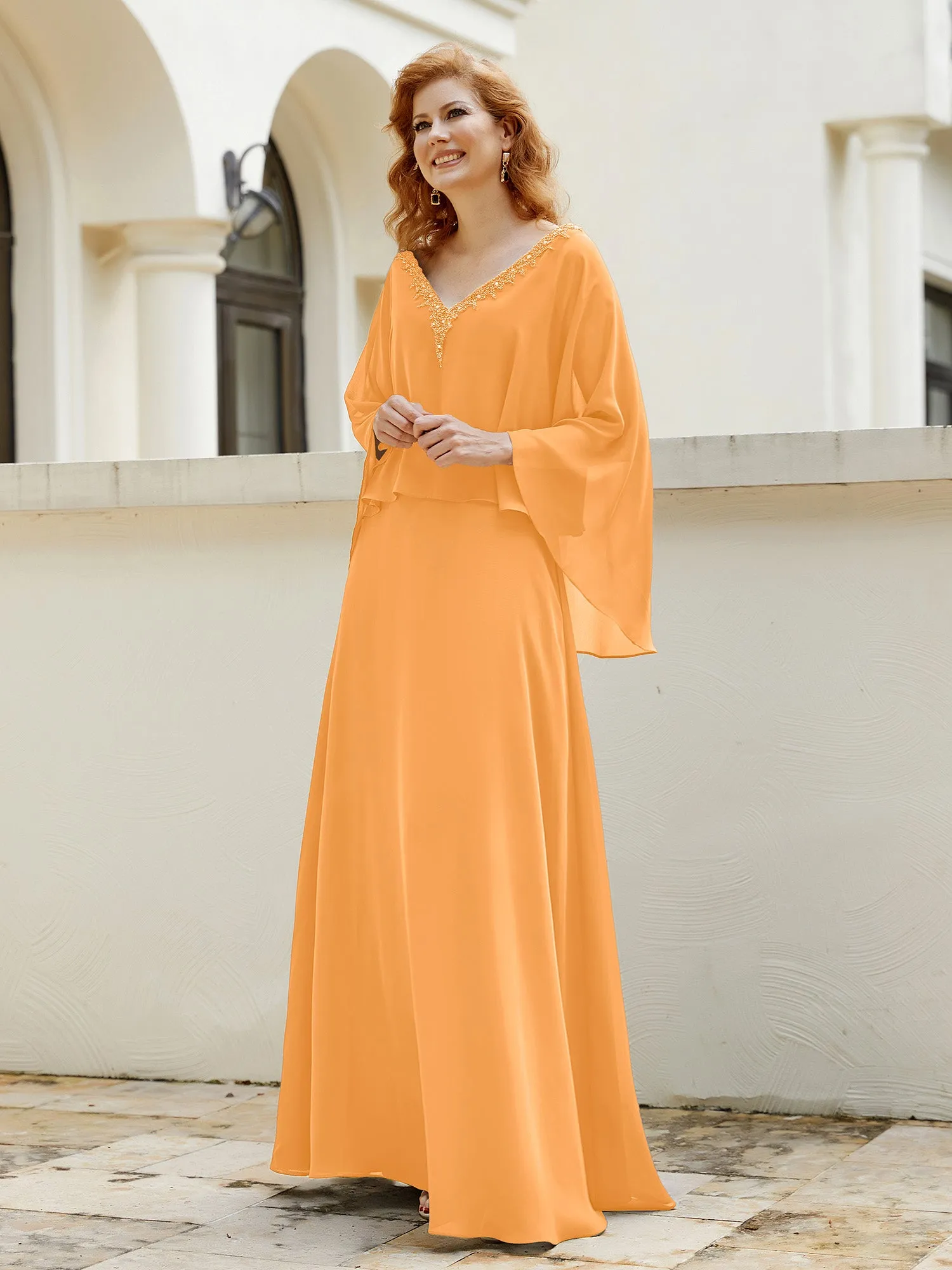 A-Line Flutter Cape Sleeves Dress with Beaded V-neck-Tangerine