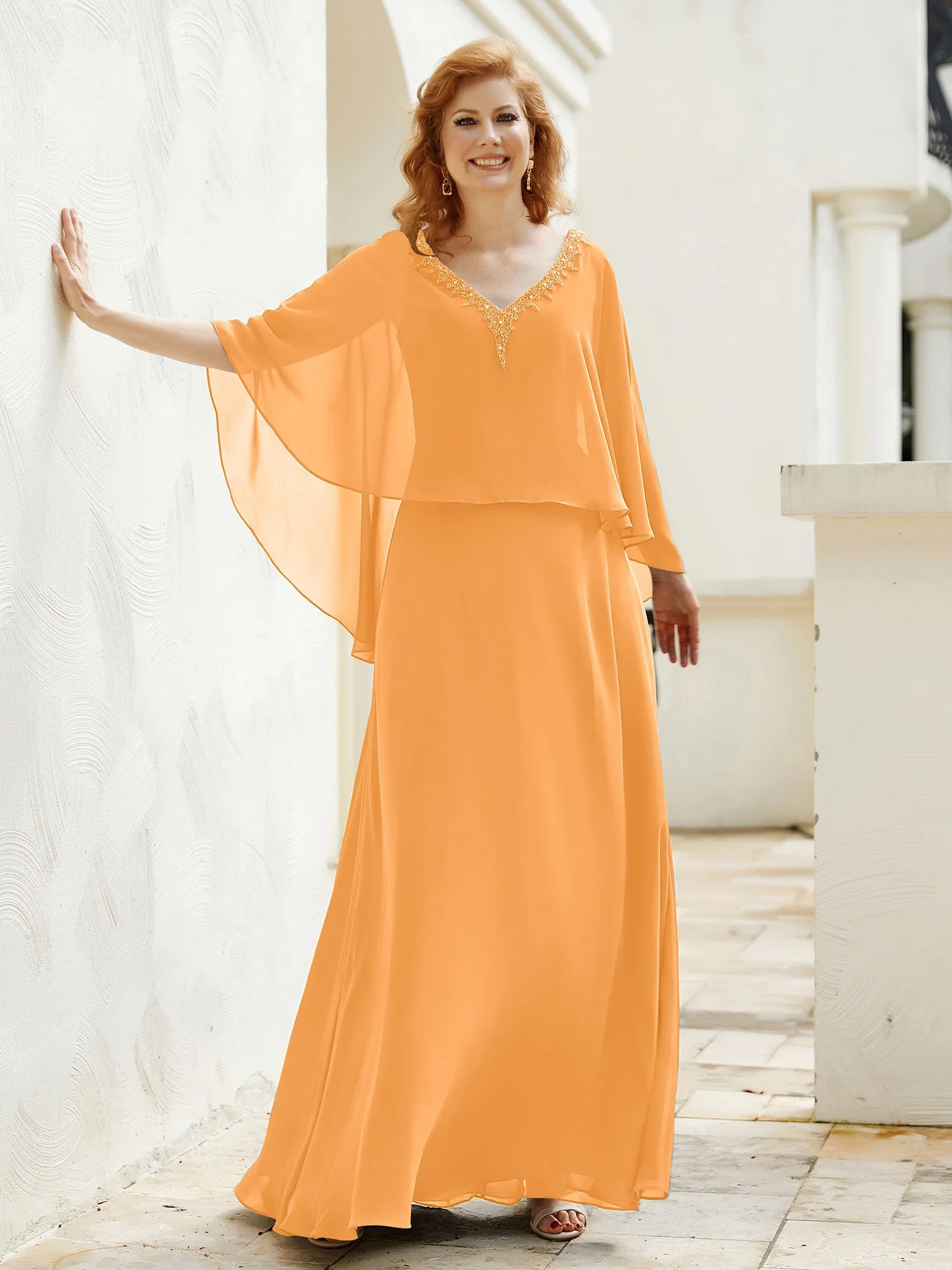 A-Line Flutter Cape Sleeves Dress with Beaded V-neck-Tangerine