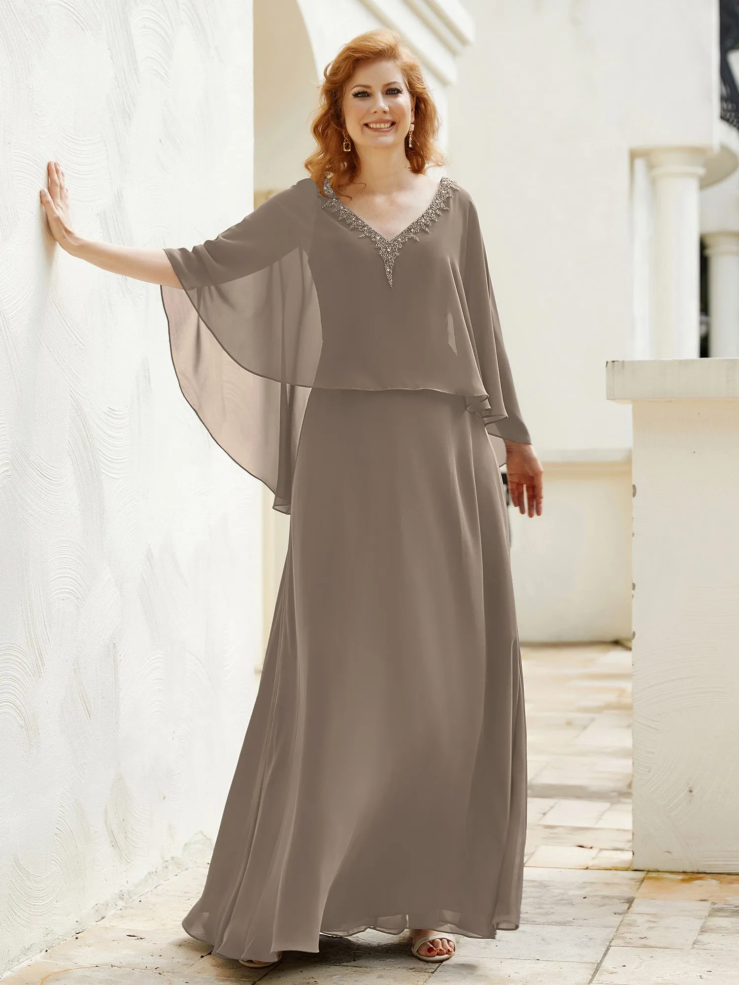 A-Line Flutter Cape Sleeves Dress with Beaded V-neck-Taupe