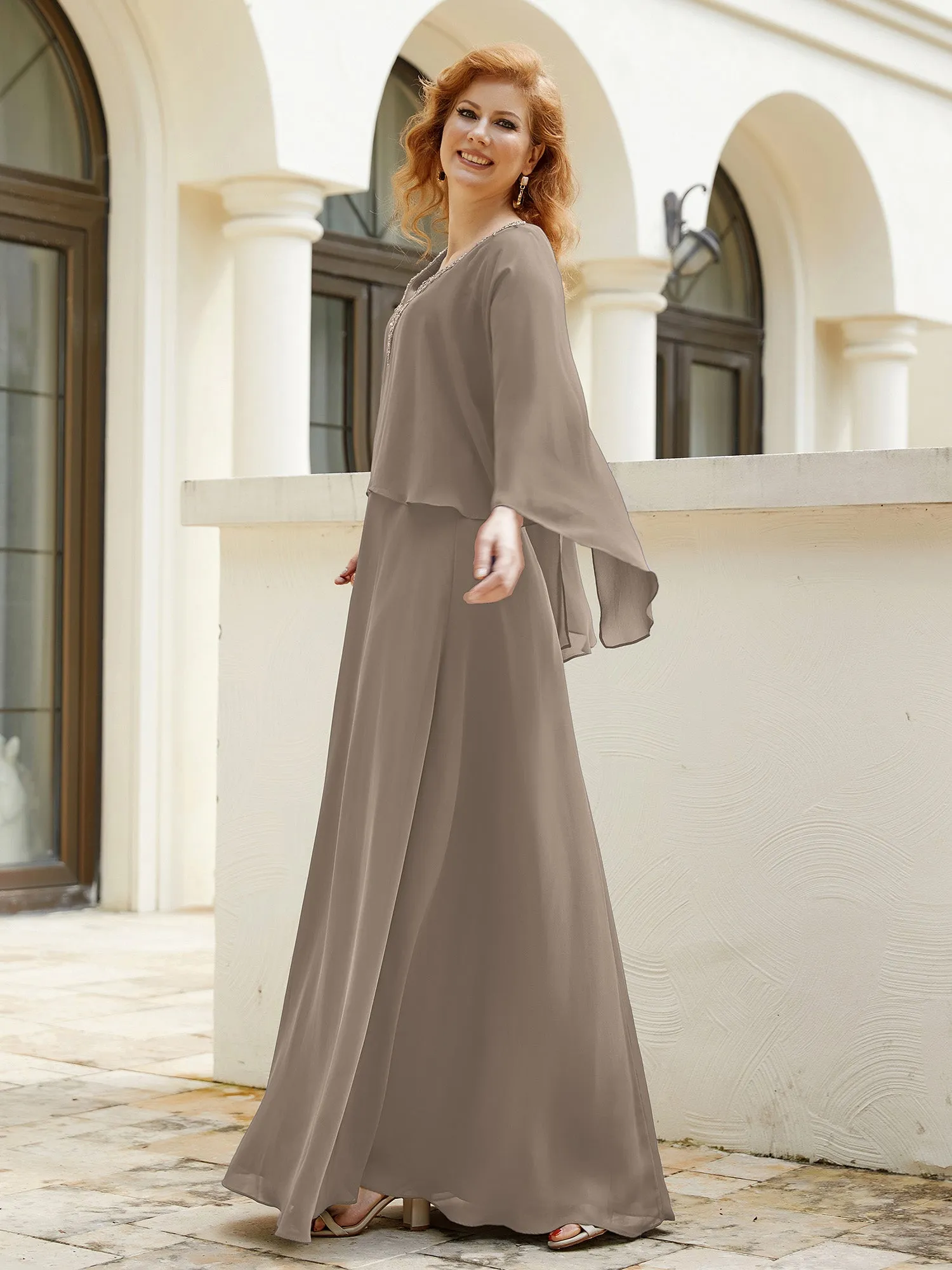A-Line Flutter Cape Sleeves Dress with Beaded V-neck-Taupe