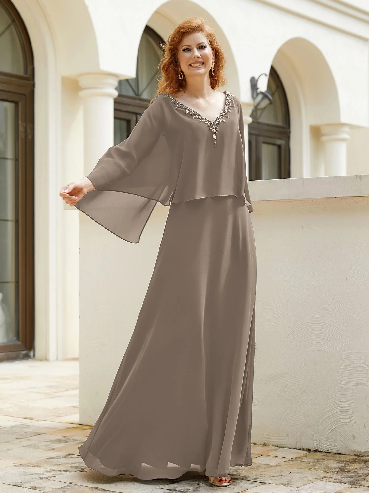 A-Line Flutter Cape Sleeves Dress with Beaded V-neck-Taupe