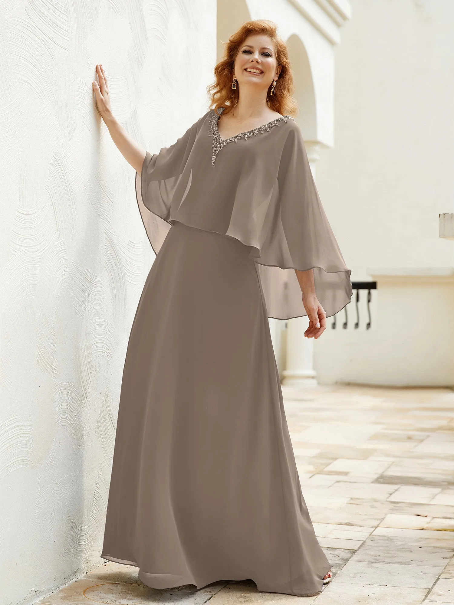 A-Line Flutter Cape Sleeves Dress with Beaded V-neck-Taupe