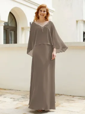 A-Line Flutter Cape Sleeves Dress with Beaded V-neck-Taupe