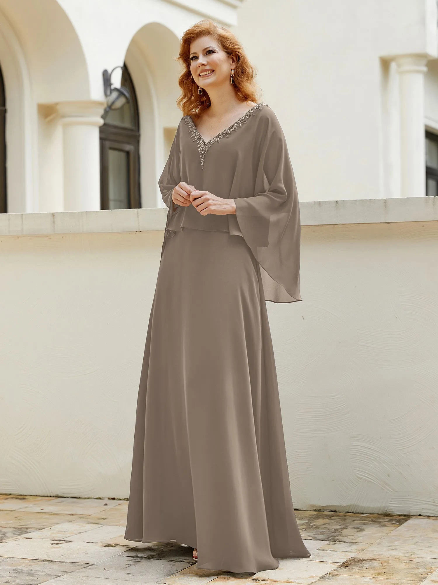 A-Line Flutter Cape Sleeves Dress with Beaded V-neck-Taupe