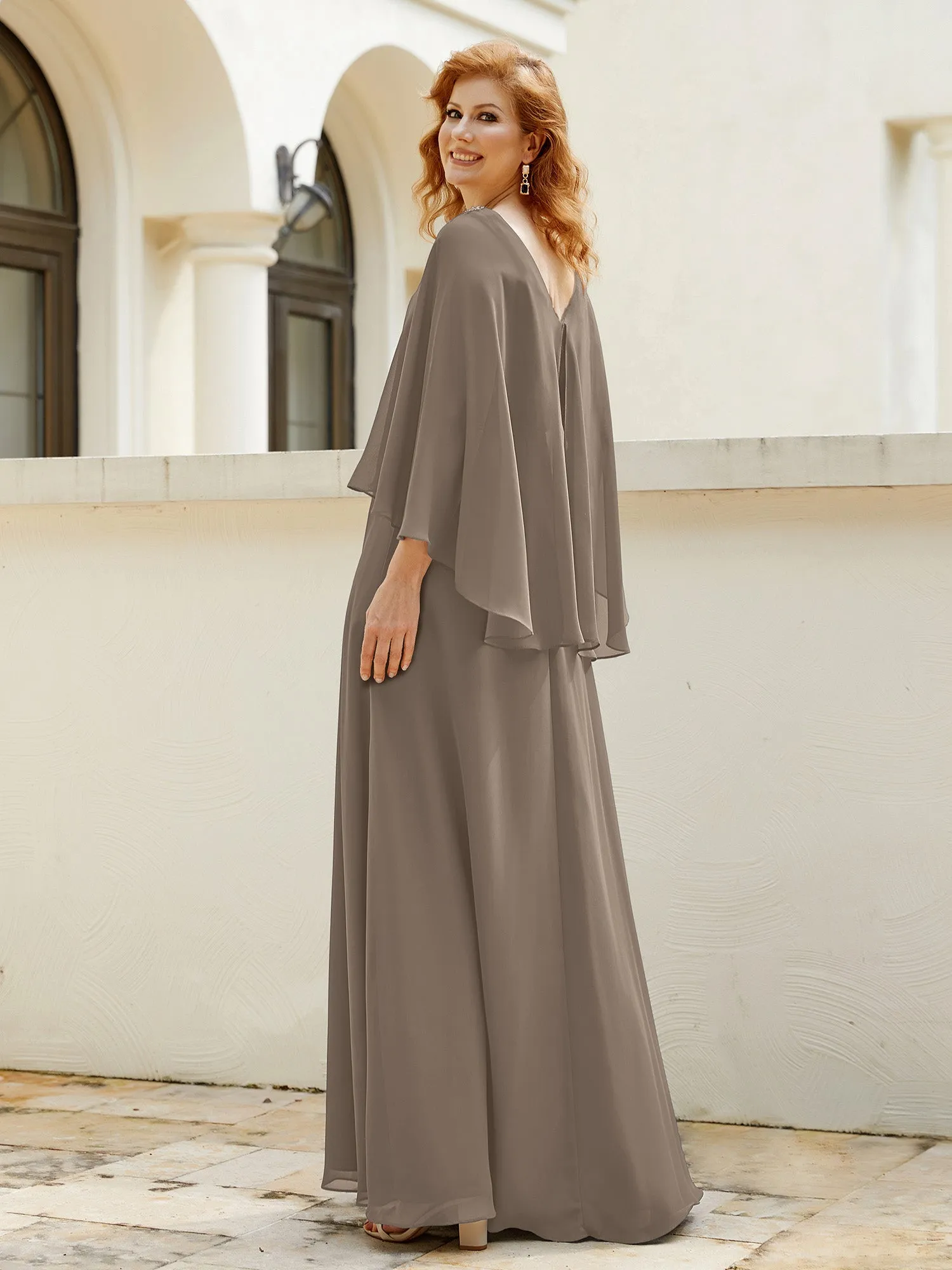 A-Line Flutter Cape Sleeves Dress with Beaded V-neck-Taupe