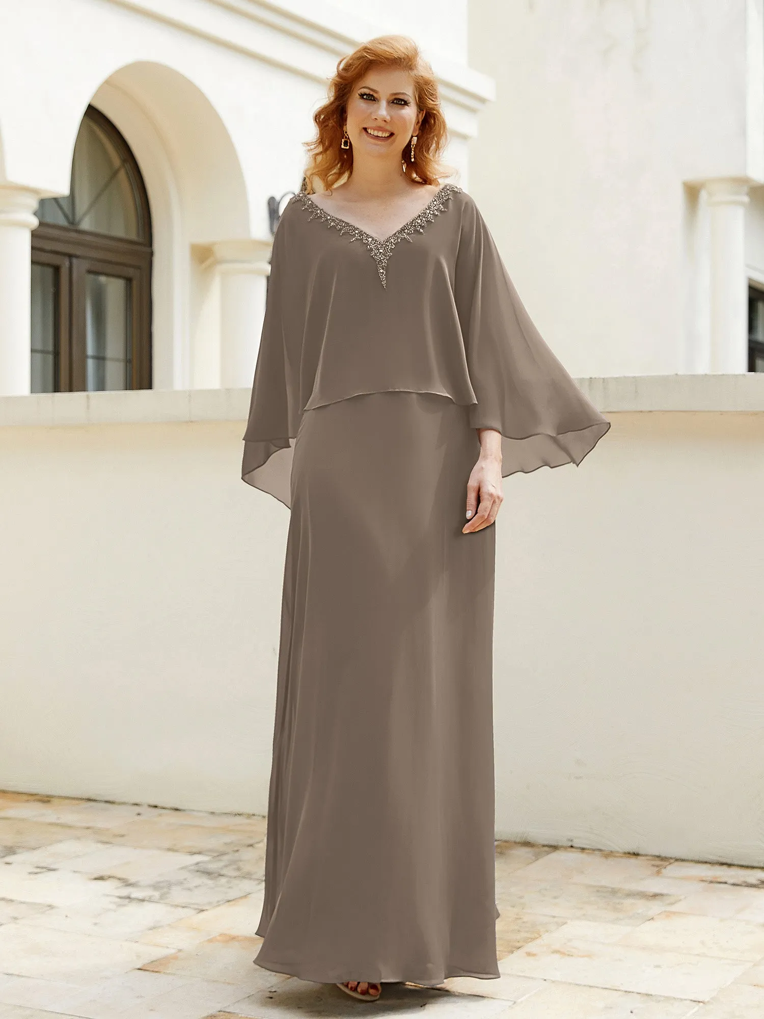 A-Line Flutter Cape Sleeves Dress with Beaded V-neck-Taupe