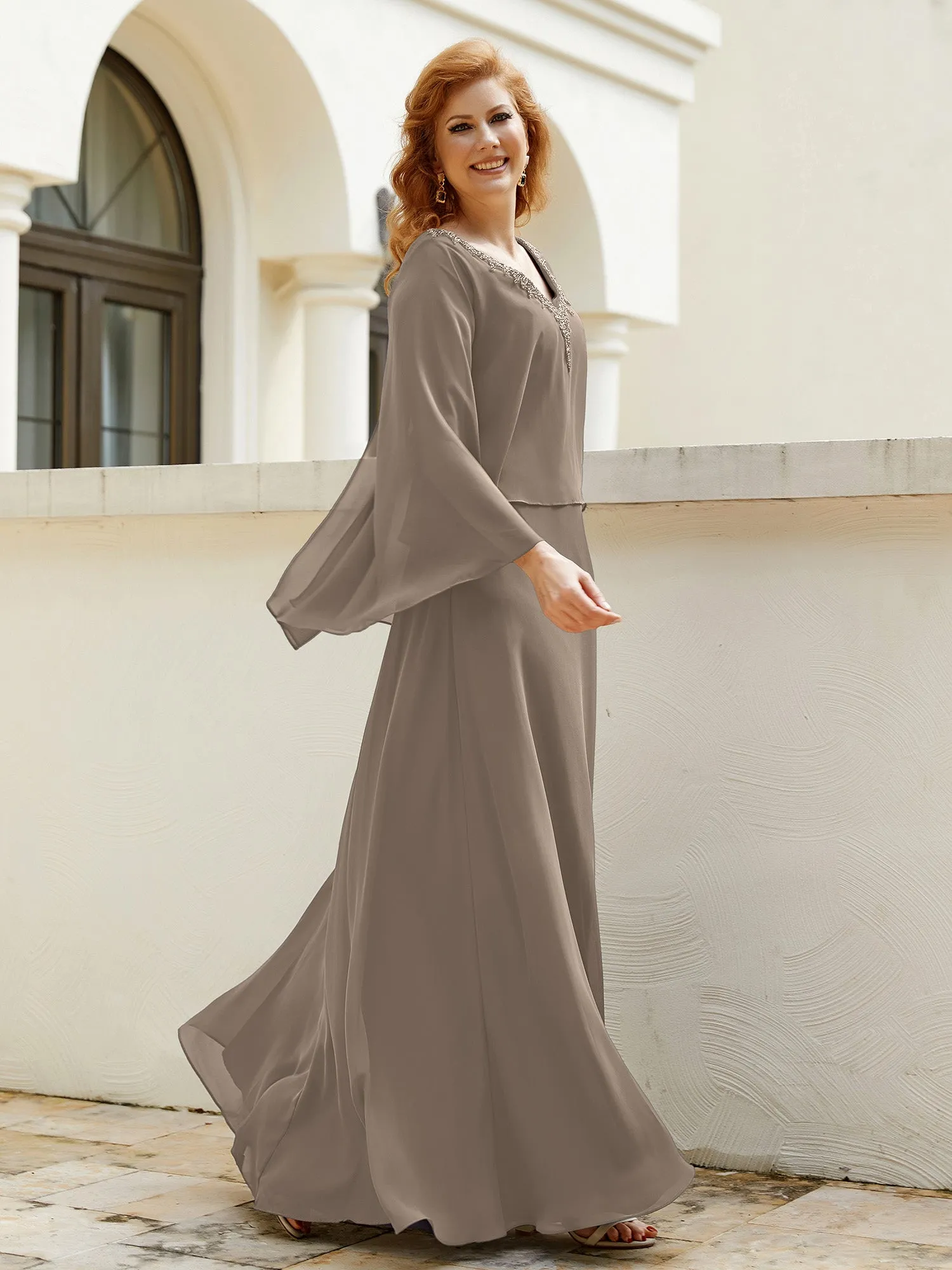 A-Line Flutter Cape Sleeves Dress with Beaded V-neck-Taupe