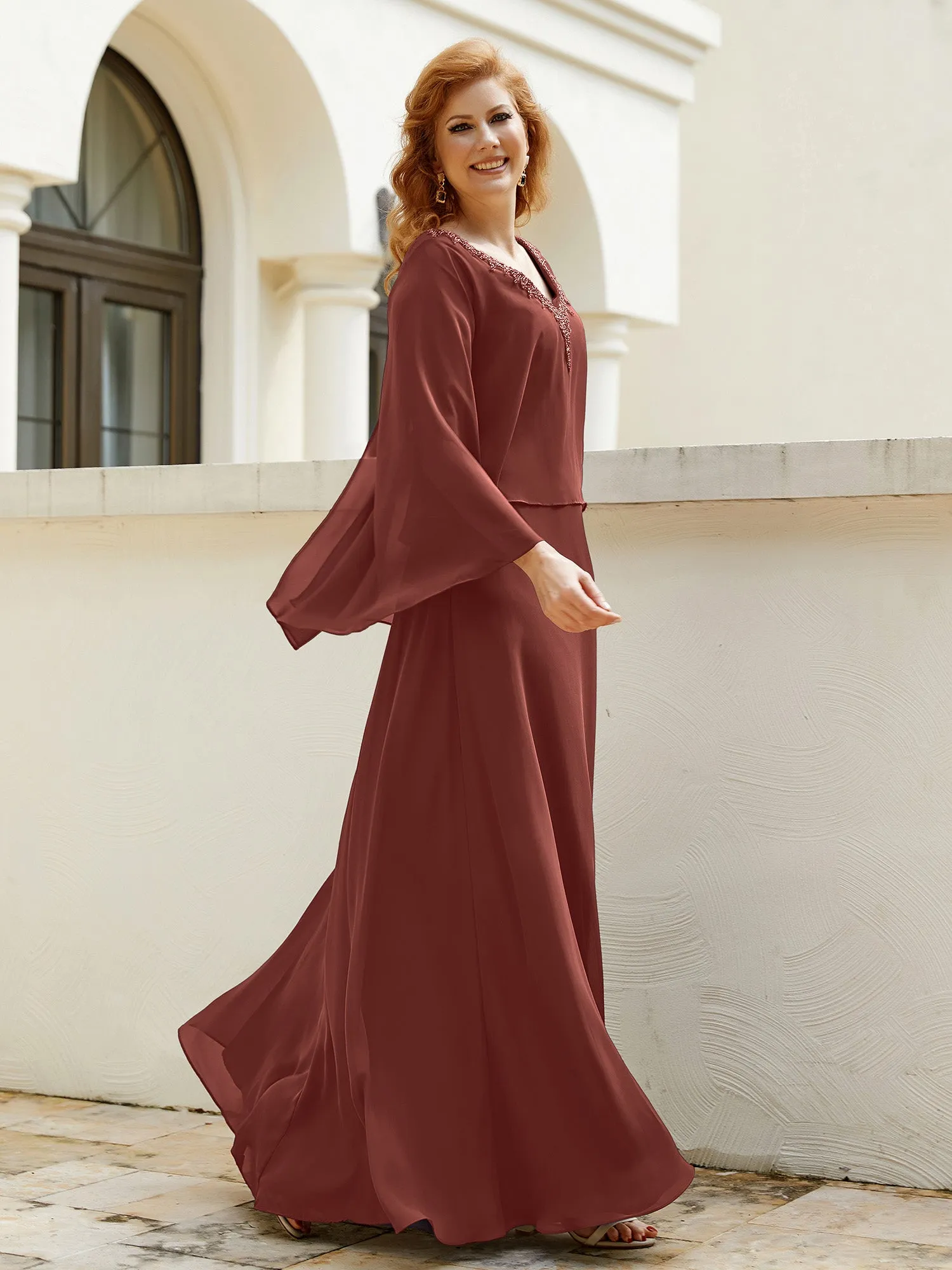 A-Line Flutter Cape Sleeves Dress with Beaded V-neck-Terracotta