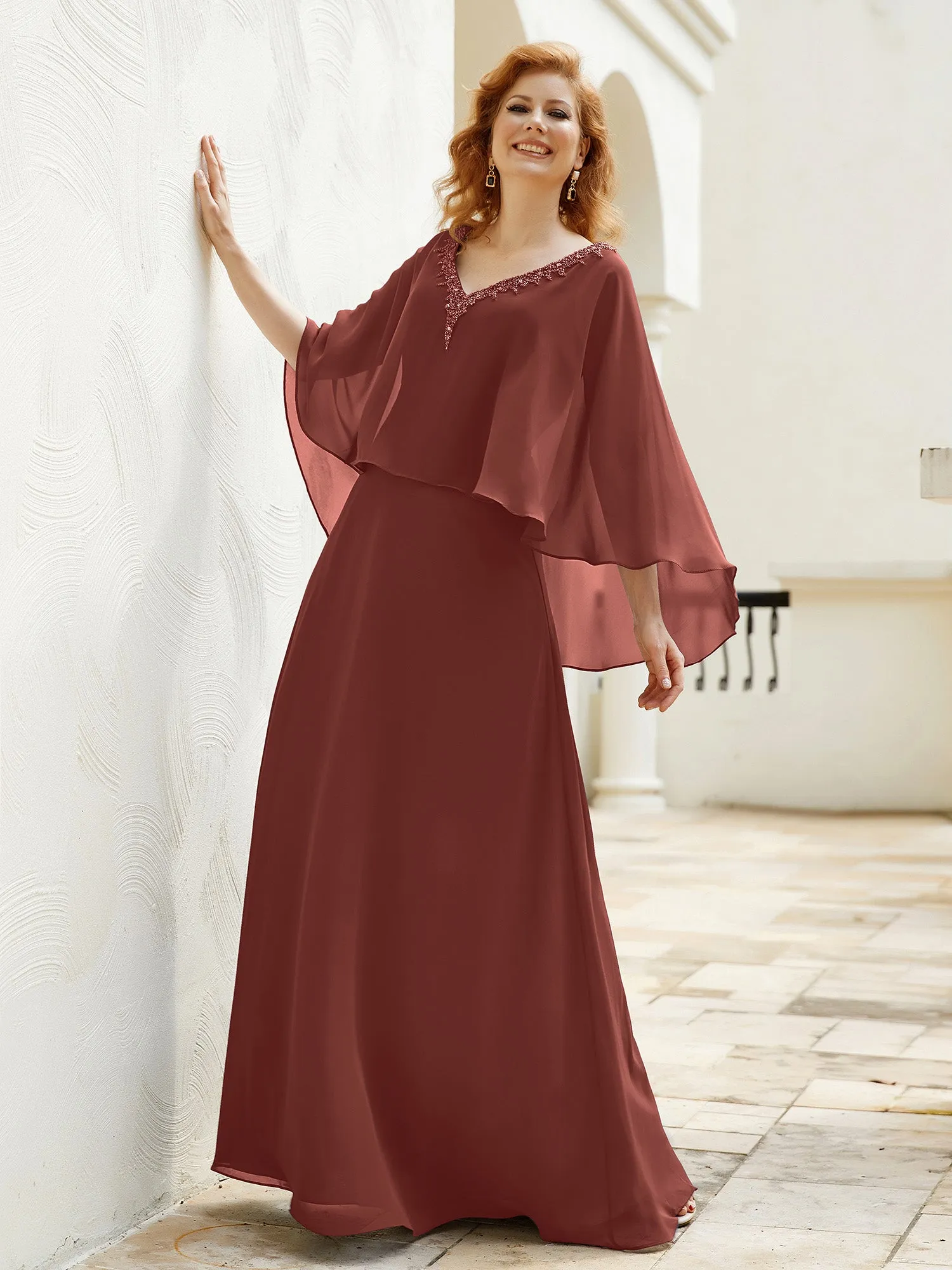 A-Line Flutter Cape Sleeves Dress with Beaded V-neck-Terracotta