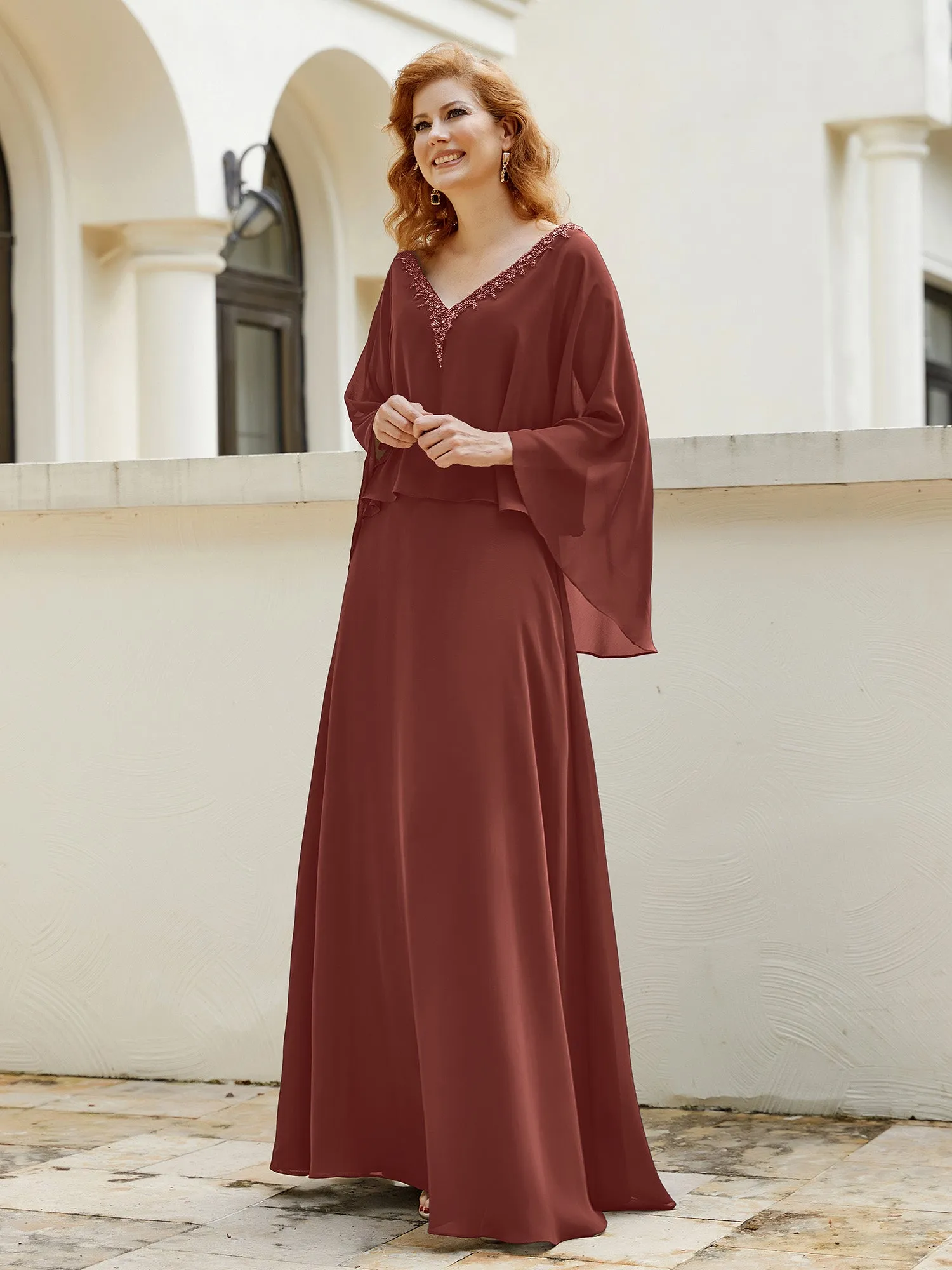 A-Line Flutter Cape Sleeves Dress with Beaded V-neck-Terracotta
