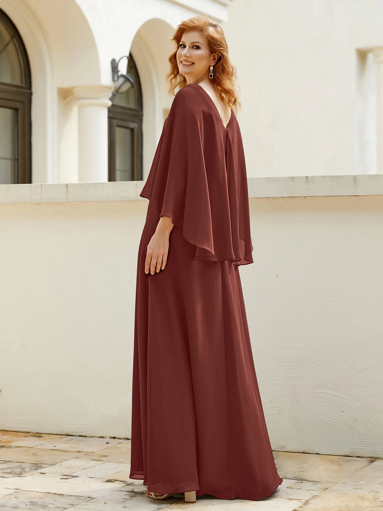 A-Line Flutter Cape Sleeves Dress with Beaded V-neck-Terracotta