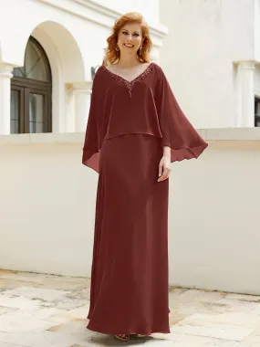A-Line Flutter Cape Sleeves Dress with Beaded V-neck-Terracotta