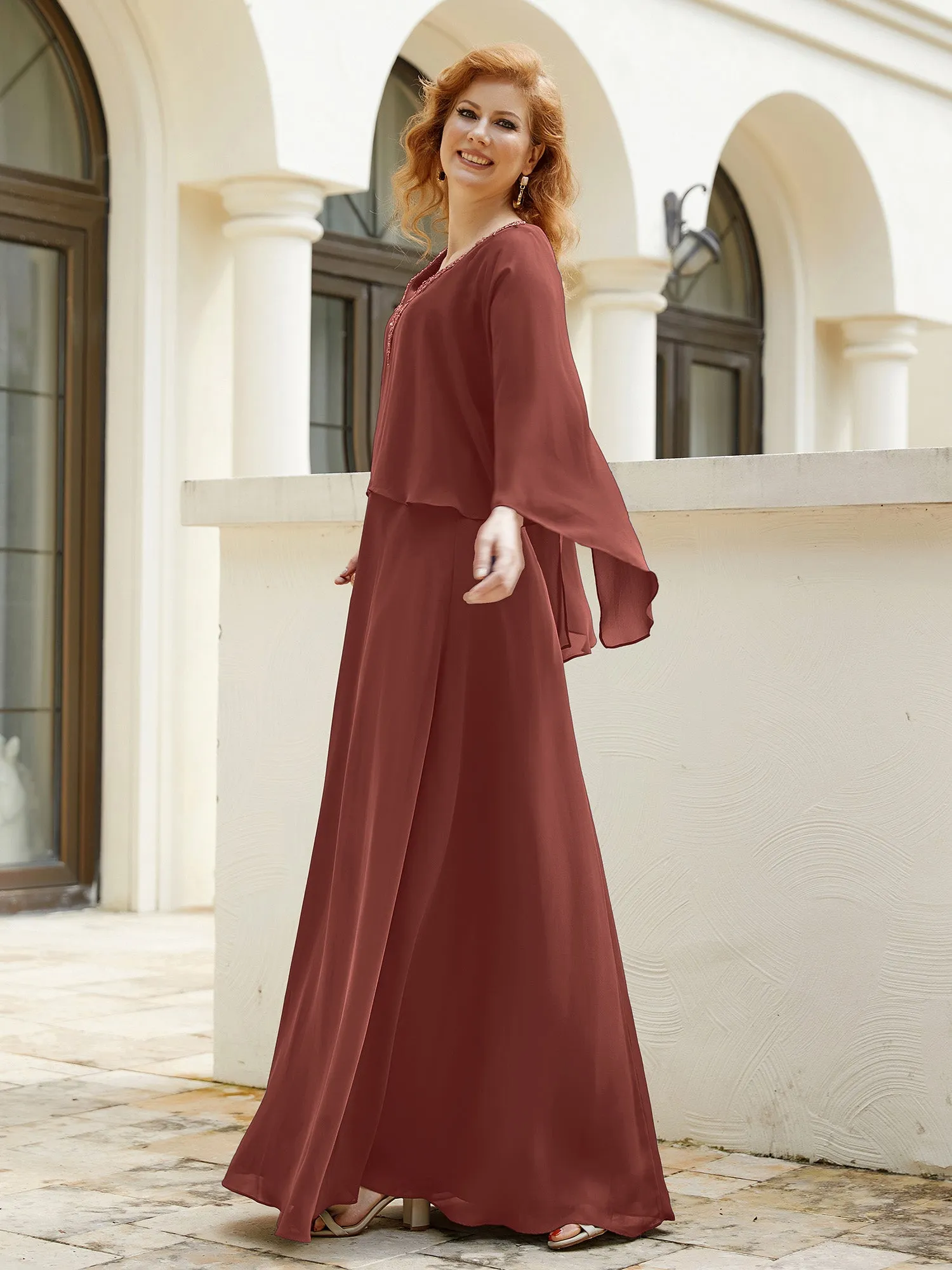 A-Line Flutter Cape Sleeves Dress with Beaded V-neck-Terracotta