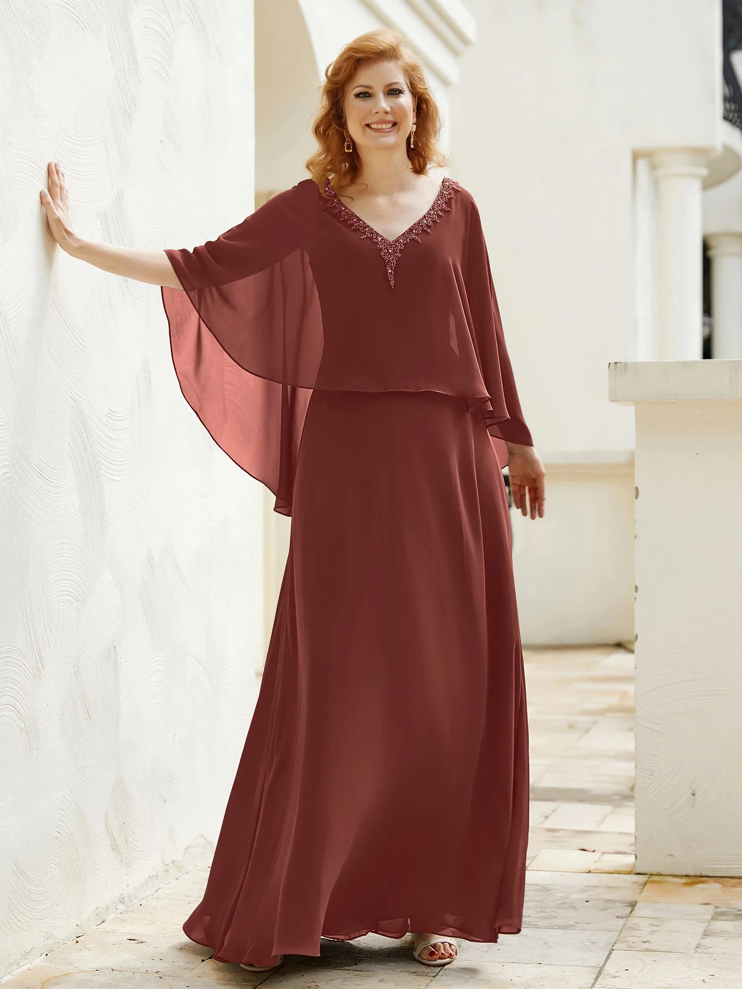 A-Line Flutter Cape Sleeves Dress with Beaded V-neck-Terracotta