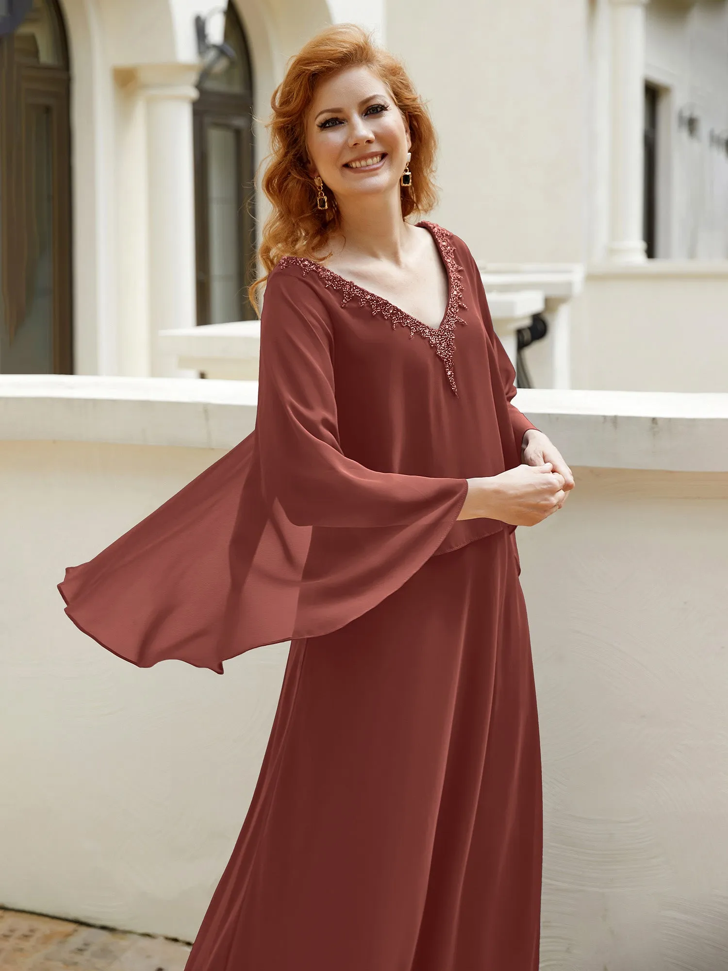 A-Line Flutter Cape Sleeves Dress with Beaded V-neck-Terracotta