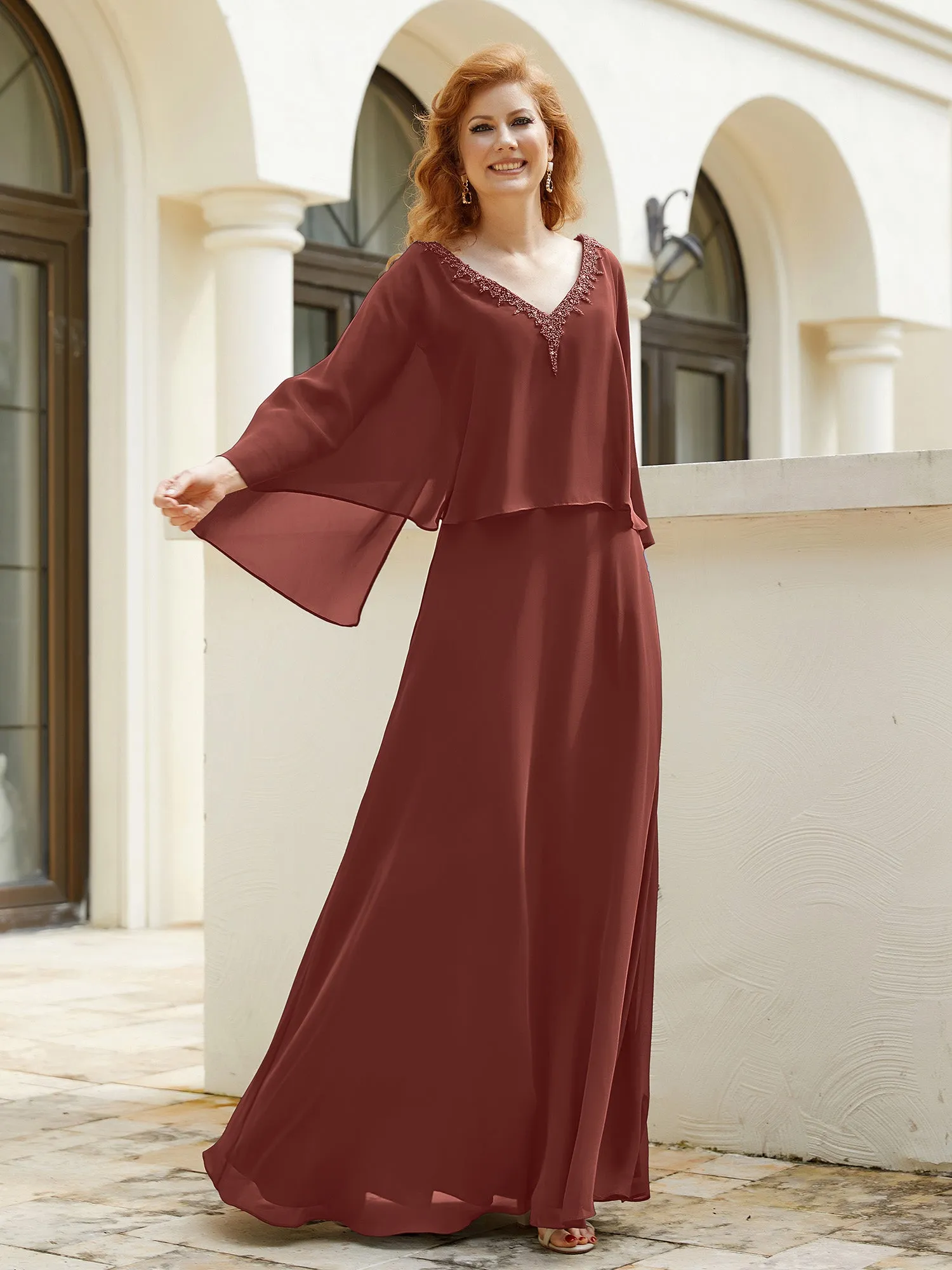 A-Line Flutter Cape Sleeves Dress with Beaded V-neck-Terracotta