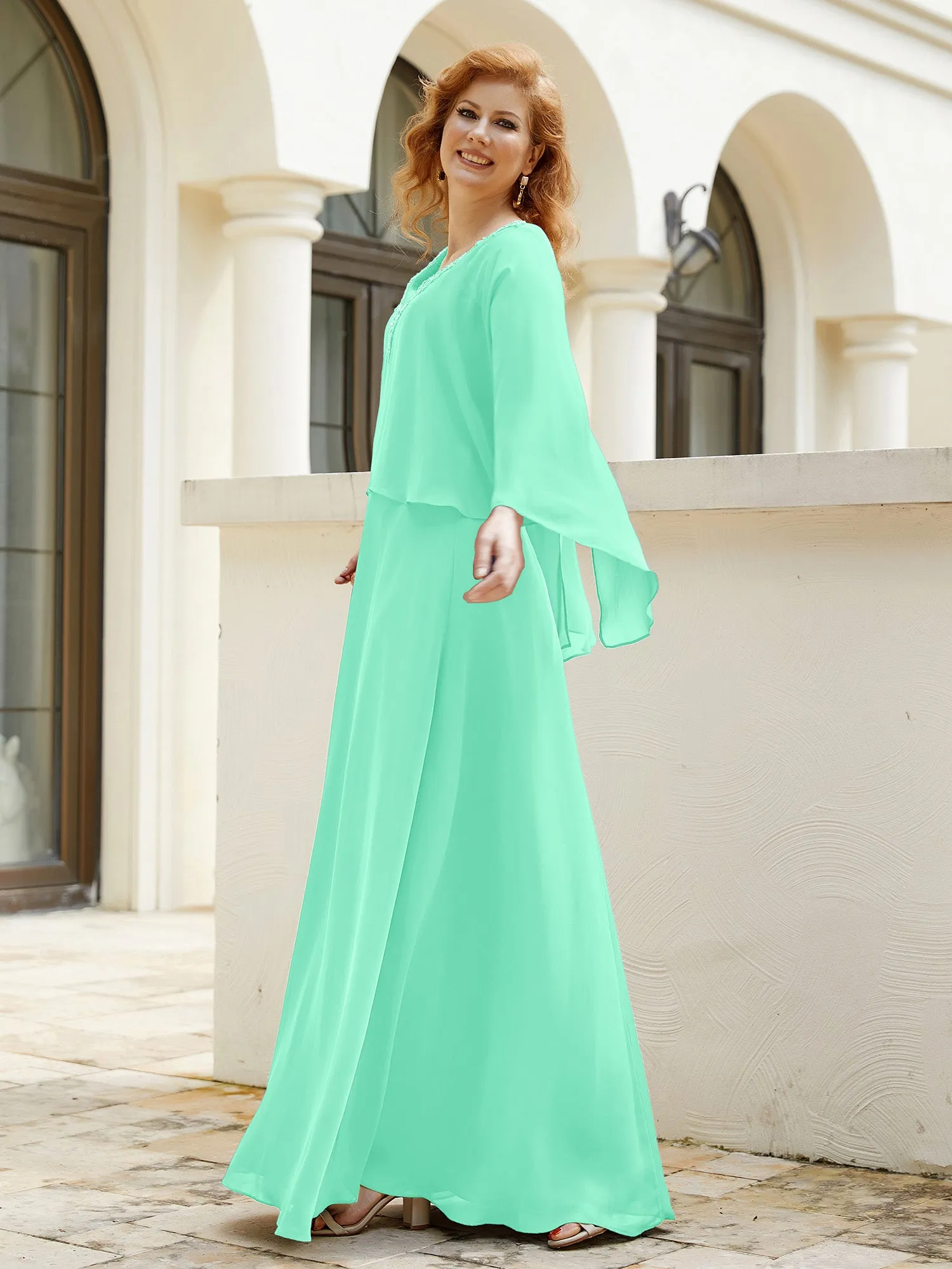 A-Line Flutter Cape Sleeves Dress with Beaded V-neck-Turquoise