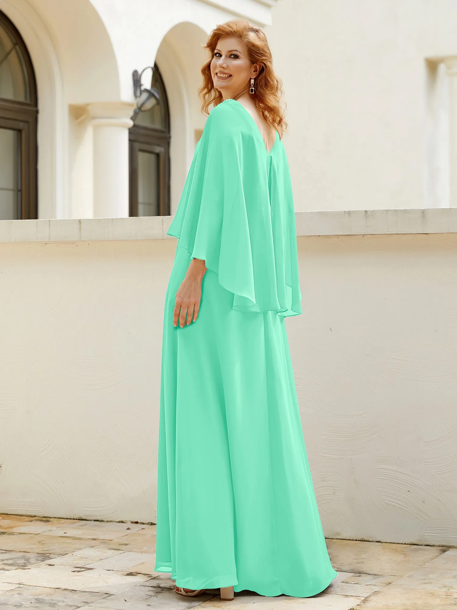 A-Line Flutter Cape Sleeves Dress with Beaded V-neck-Turquoise