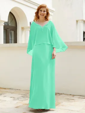 A-Line Flutter Cape Sleeves Dress with Beaded V-neck-Turquoise