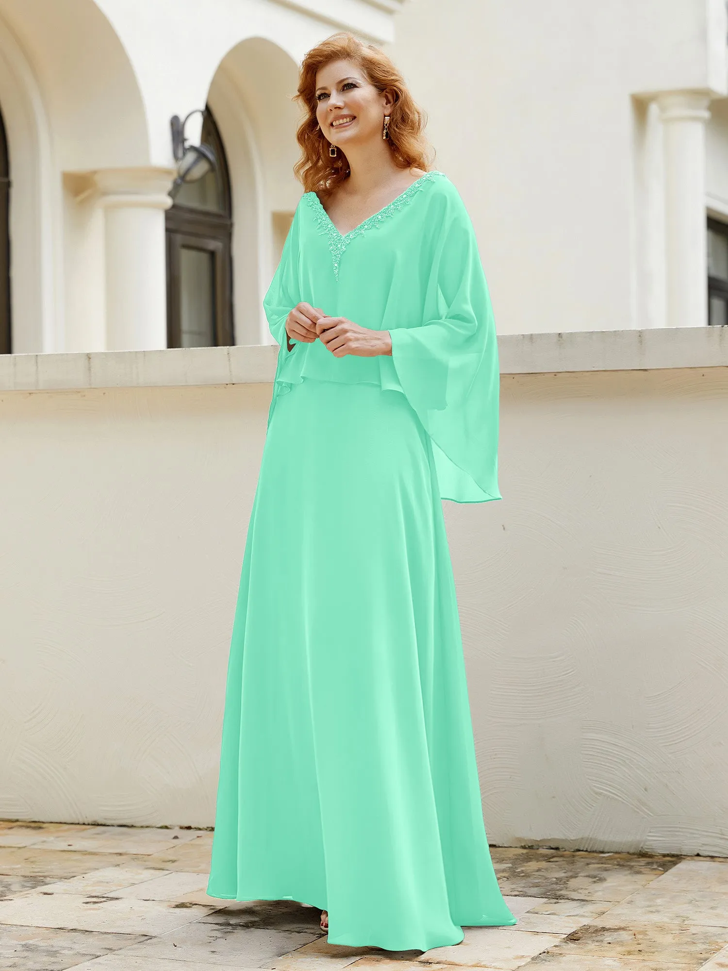 A-Line Flutter Cape Sleeves Dress with Beaded V-neck-Turquoise
