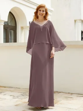 A-Line Flutter Cape Sleeves Dress with Beaded V-neck-Vintage Mauve
