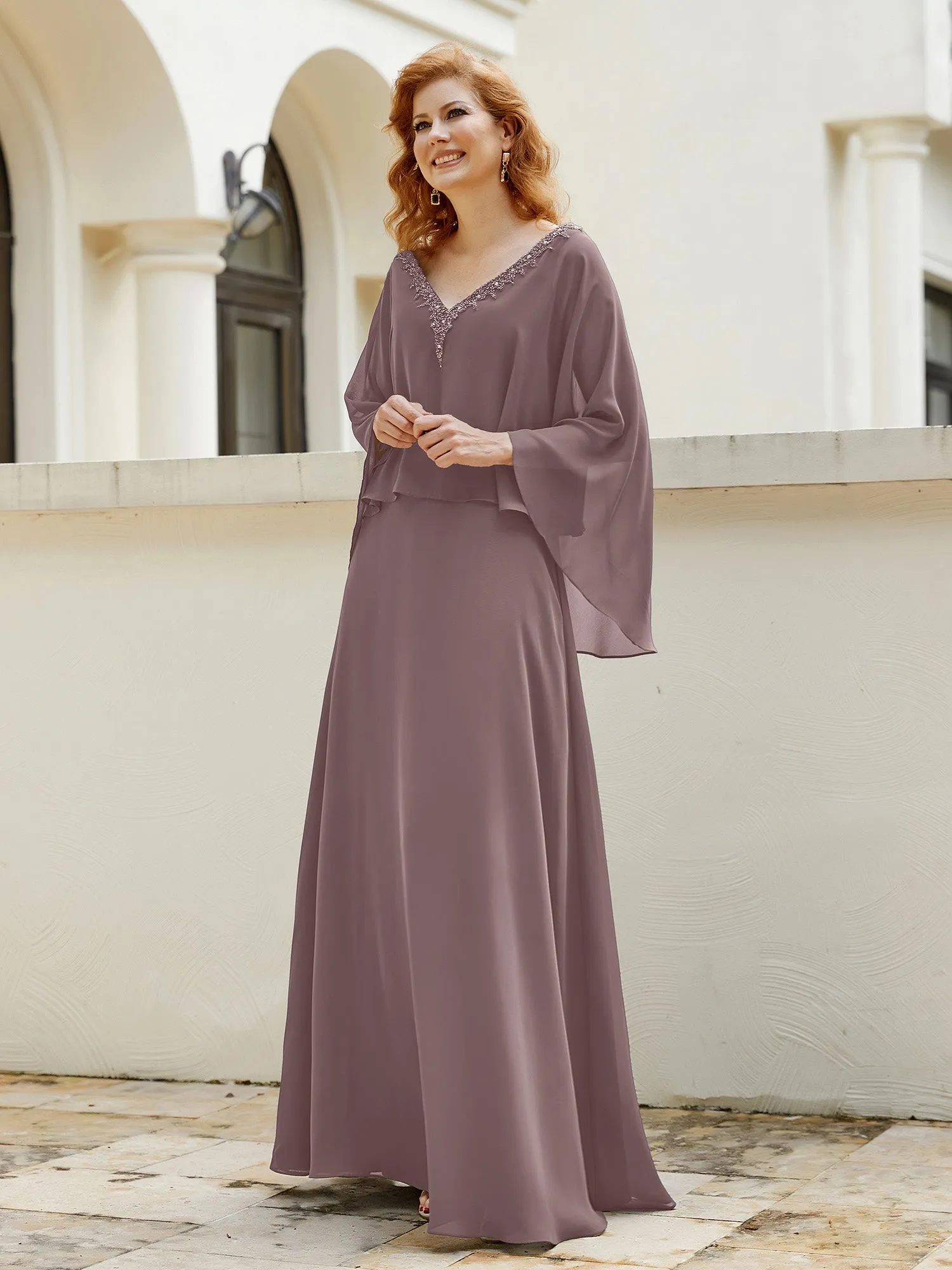 A-Line Flutter Cape Sleeves Dress with Beaded V-neck-Vintage Mauve