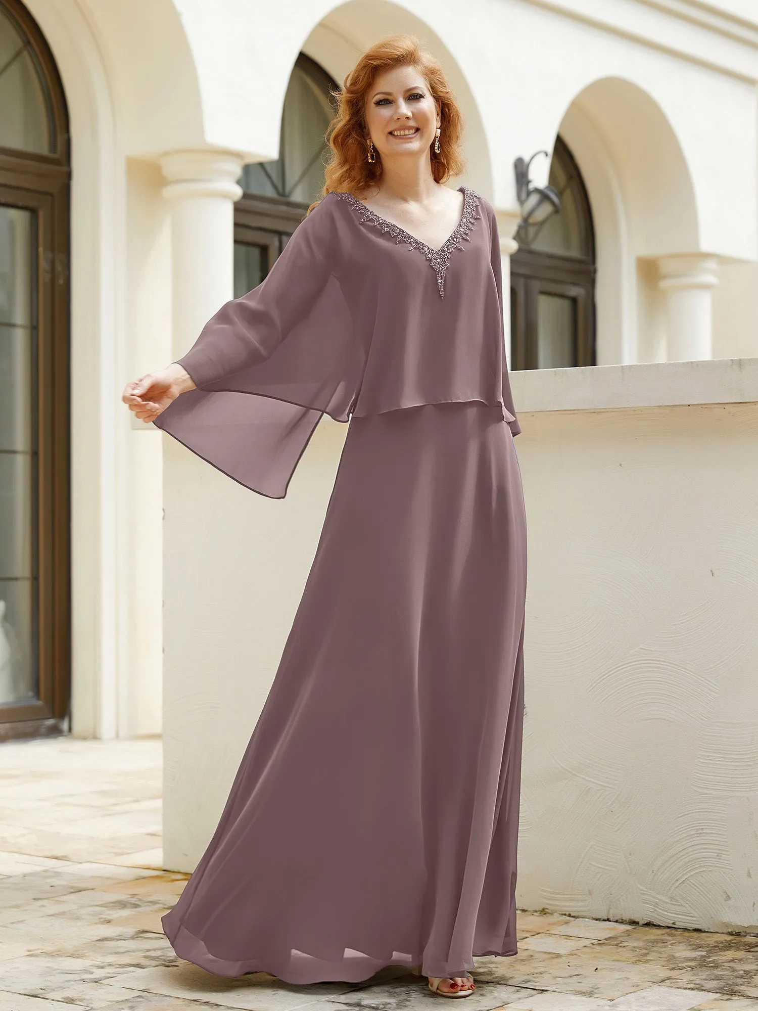 A-Line Flutter Cape Sleeves Dress with Beaded V-neck-Vintage Mauve