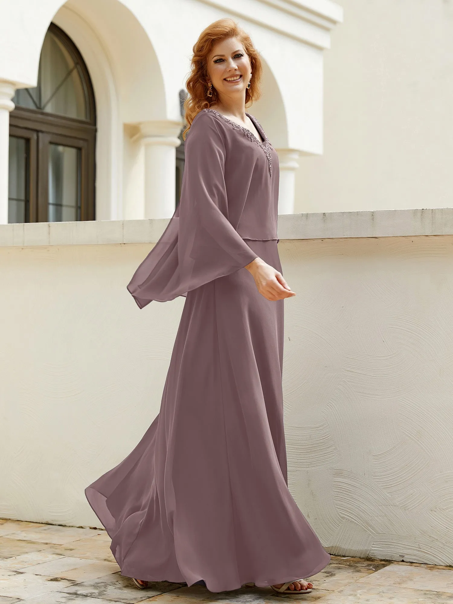 A-Line Flutter Cape Sleeves Dress with Beaded V-neck-Vintage Mauve