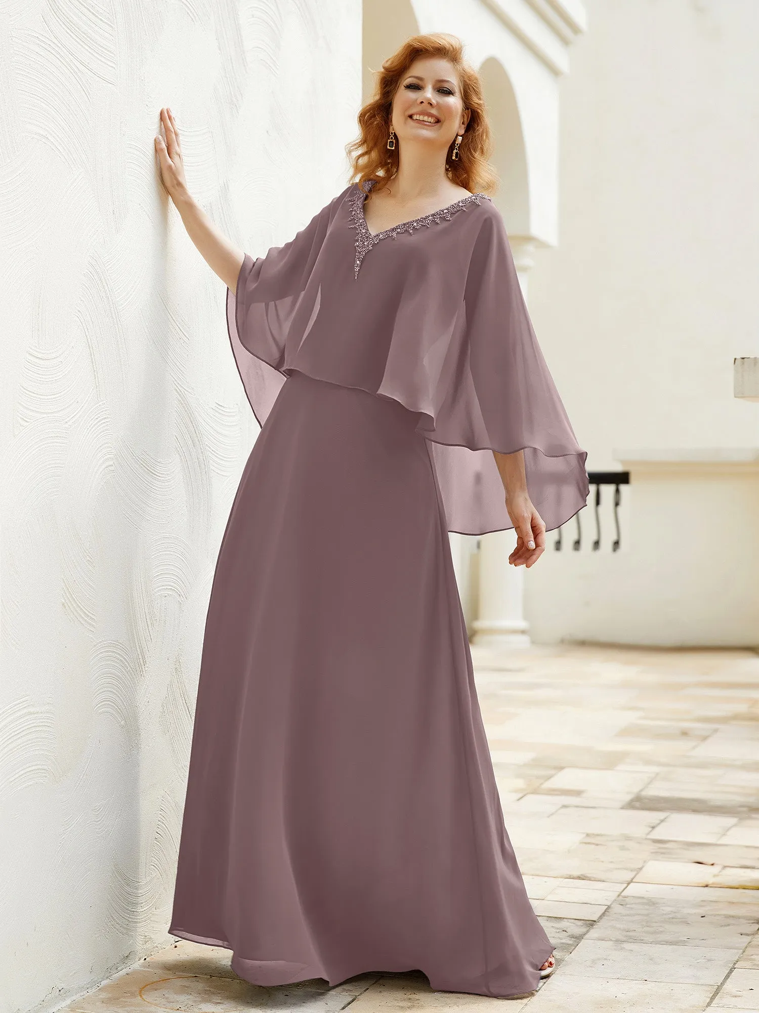 A-Line Flutter Cape Sleeves Dress with Beaded V-neck-Vintage Mauve
