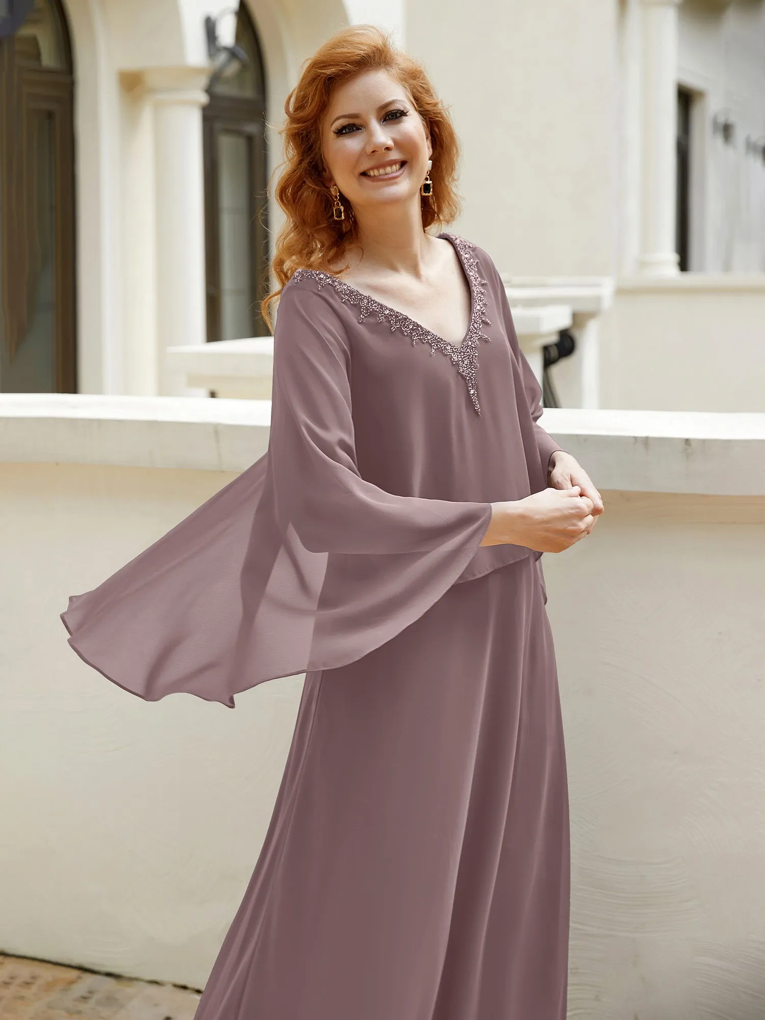 A-Line Flutter Cape Sleeves Dress with Beaded V-neck-Vintage Mauve
