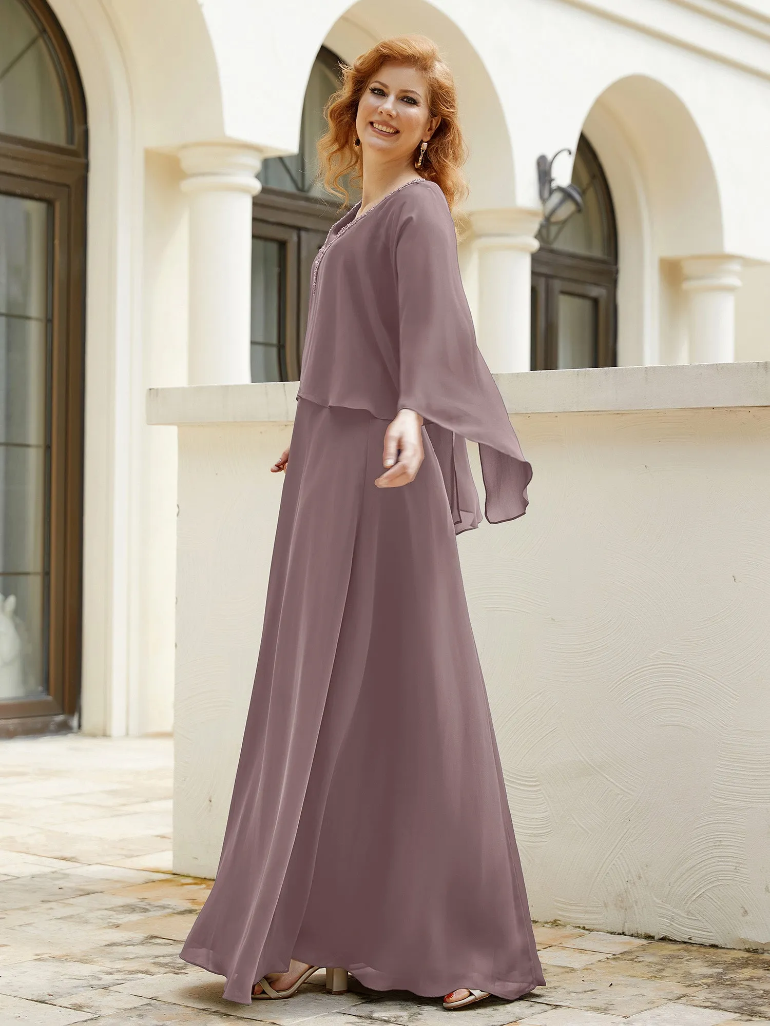 A-Line Flutter Cape Sleeves Dress with Beaded V-neck-Vintage Mauve