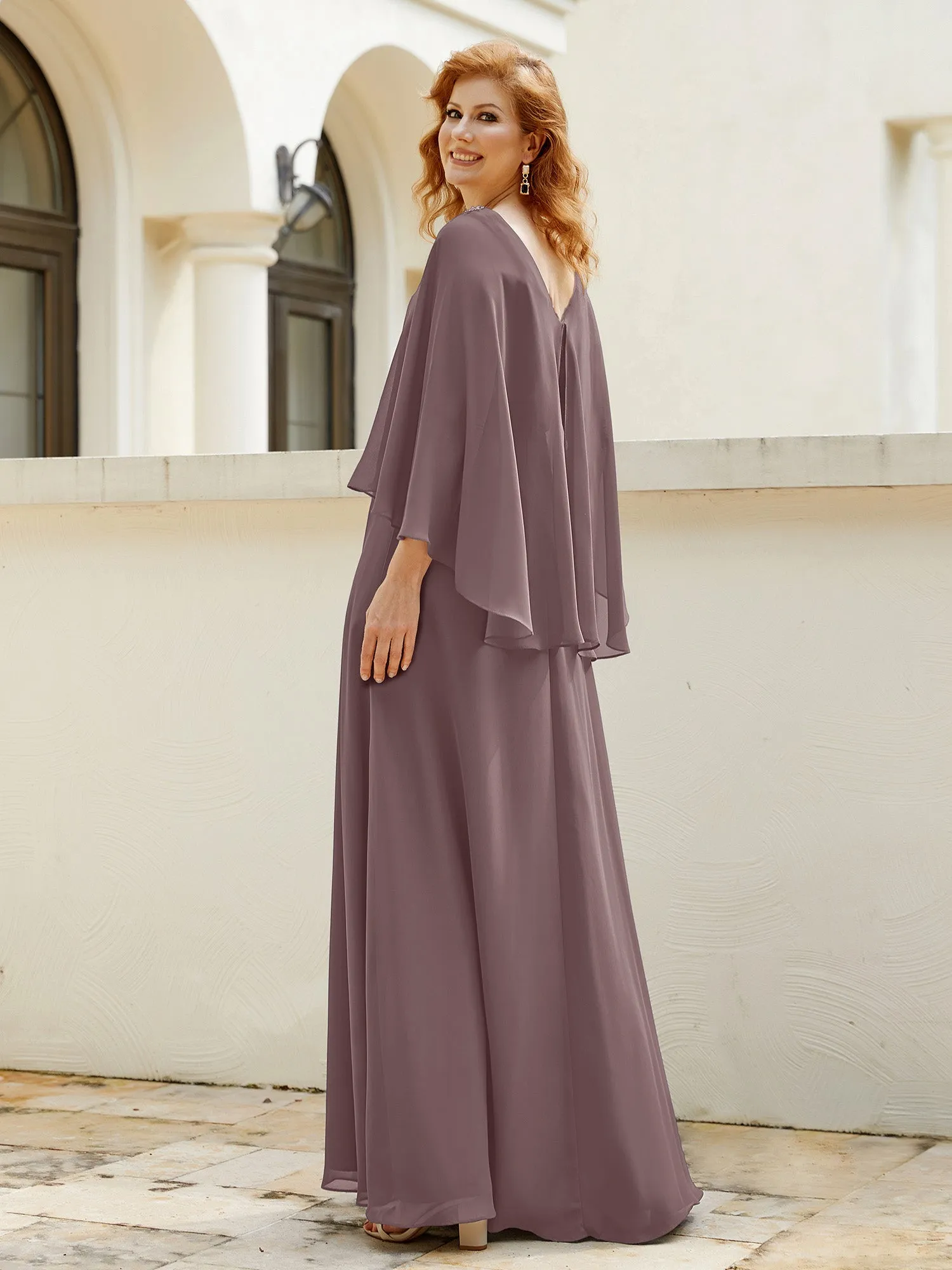 A-Line Flutter Cape Sleeves Dress with Beaded V-neck-Vintage Mauve