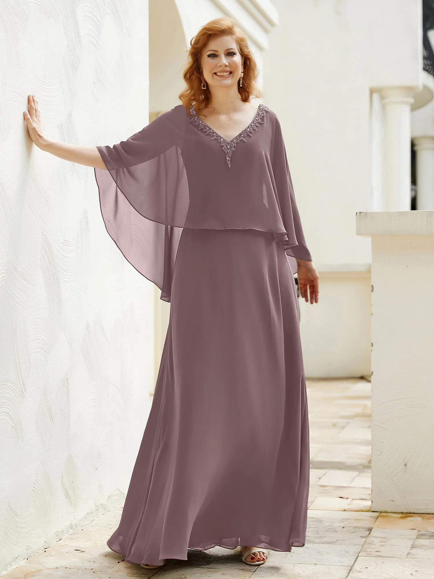 A-Line Flutter Cape Sleeves Dress with Beaded V-neck-Vintage Mauve