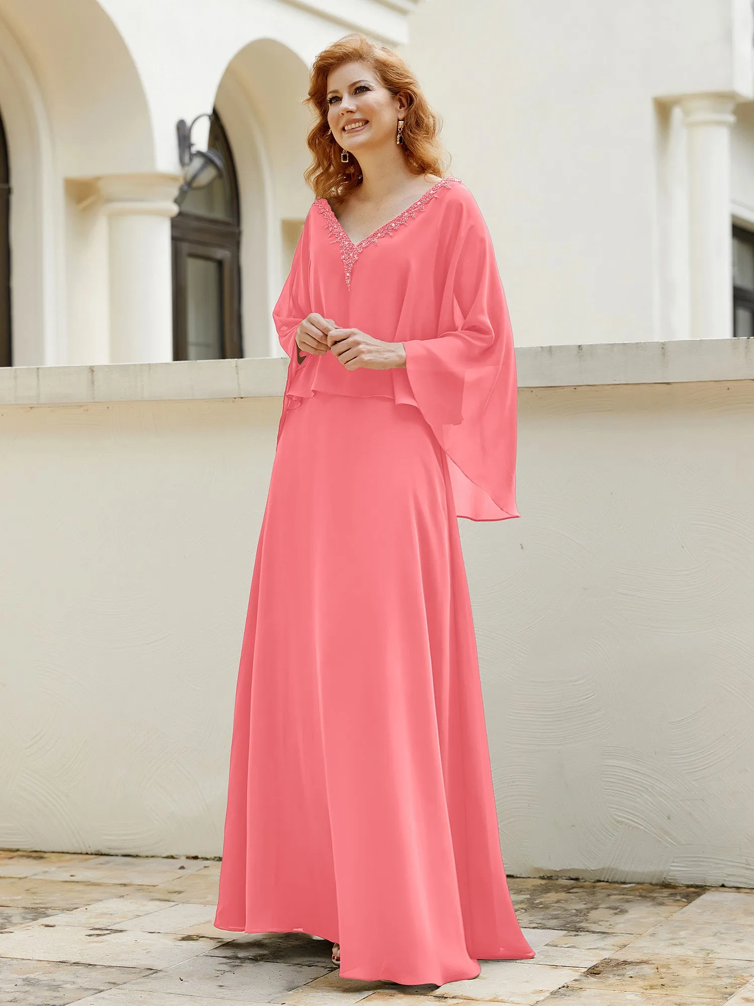 A-Line Flutter Cape Sleeves Dress with Beaded V-neck-Watermelon