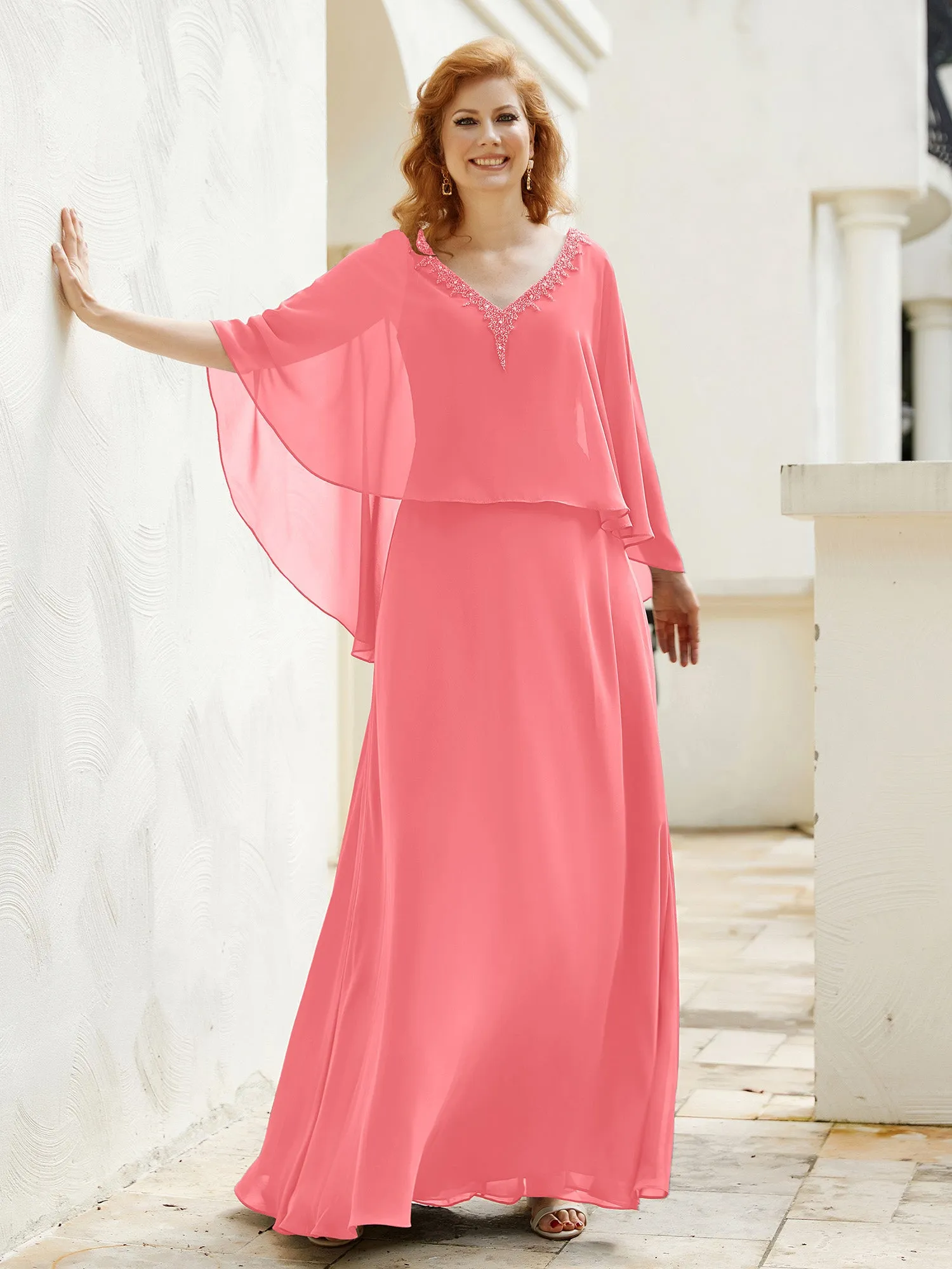 A-Line Flutter Cape Sleeves Dress with Beaded V-neck-Watermelon