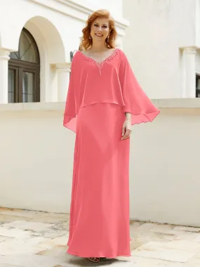 A-Line Flutter Cape Sleeves Dress with Beaded V-neck-Watermelon