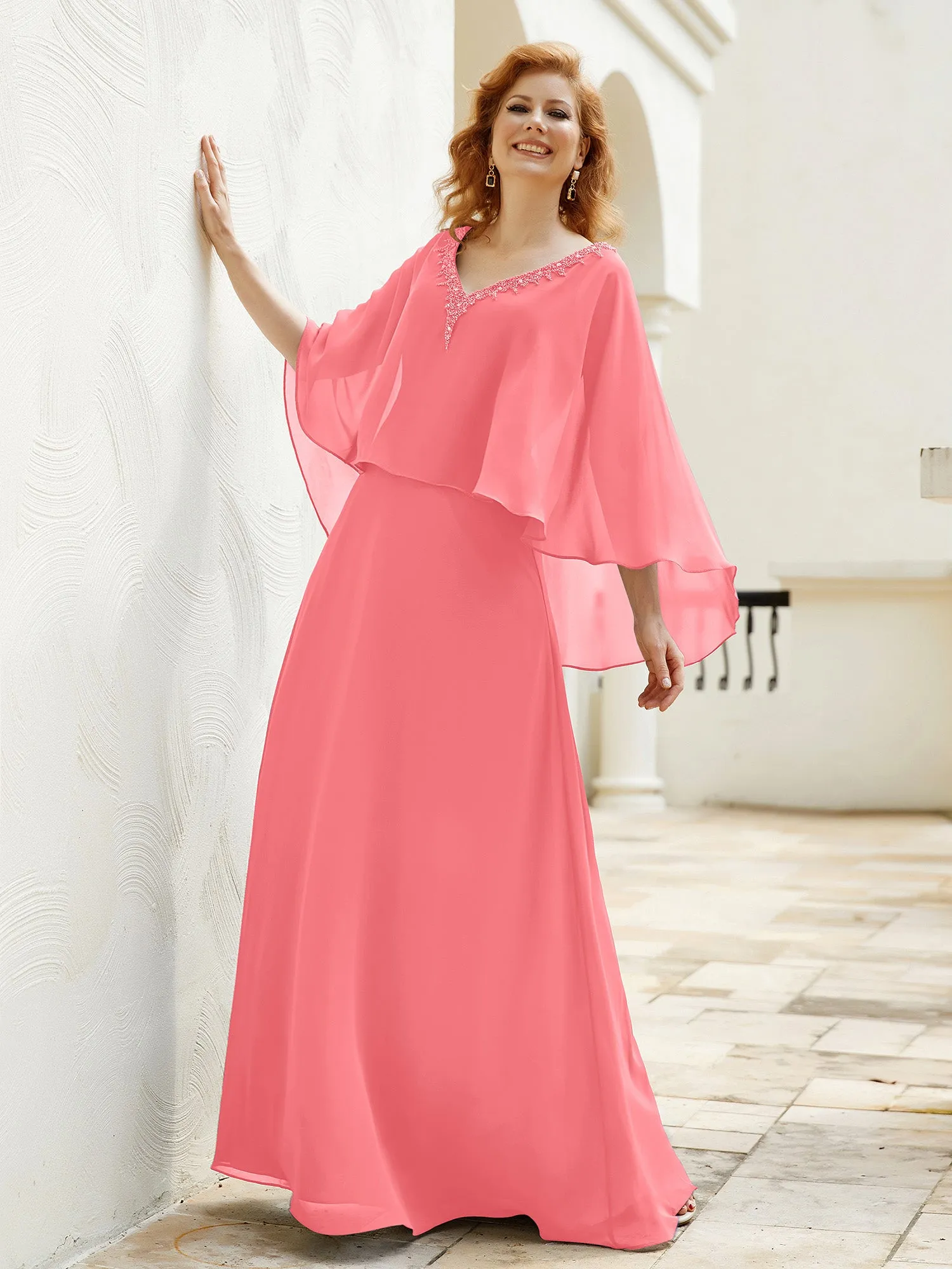 A-Line Flutter Cape Sleeves Dress with Beaded V-neck-Watermelon