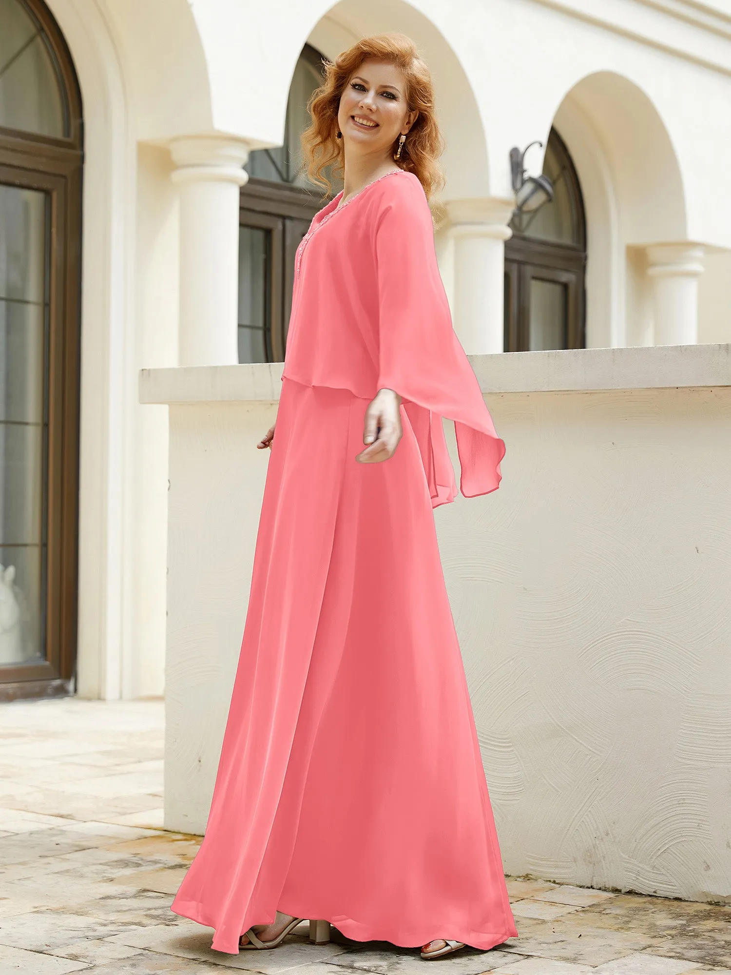 A-Line Flutter Cape Sleeves Dress with Beaded V-neck-Watermelon