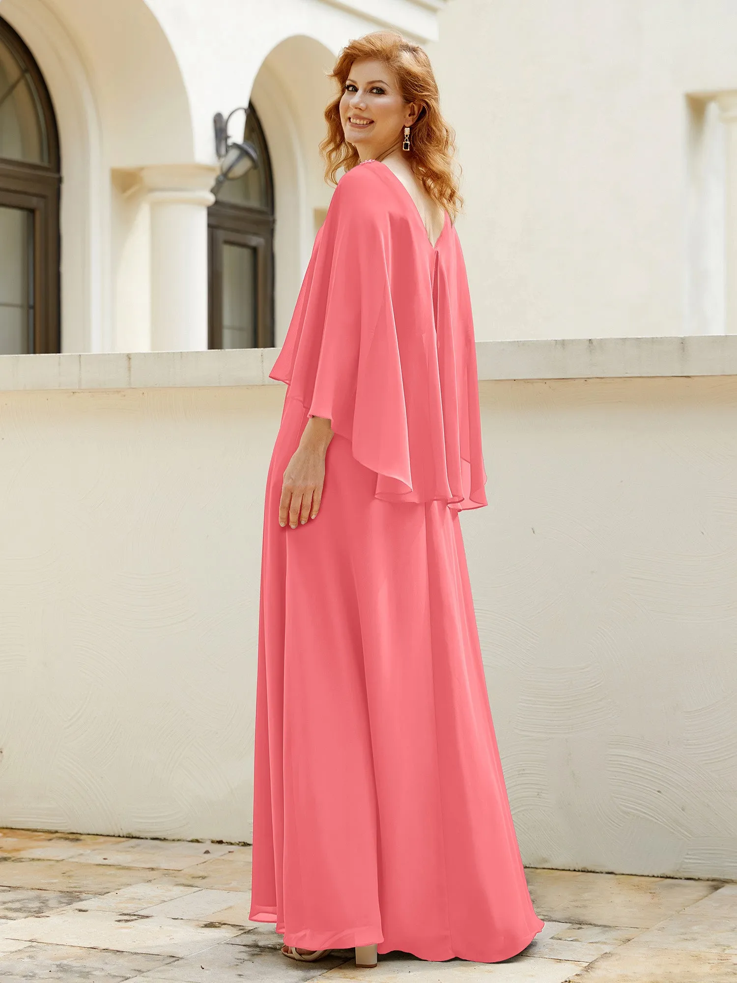 A-Line Flutter Cape Sleeves Dress with Beaded V-neck-Watermelon