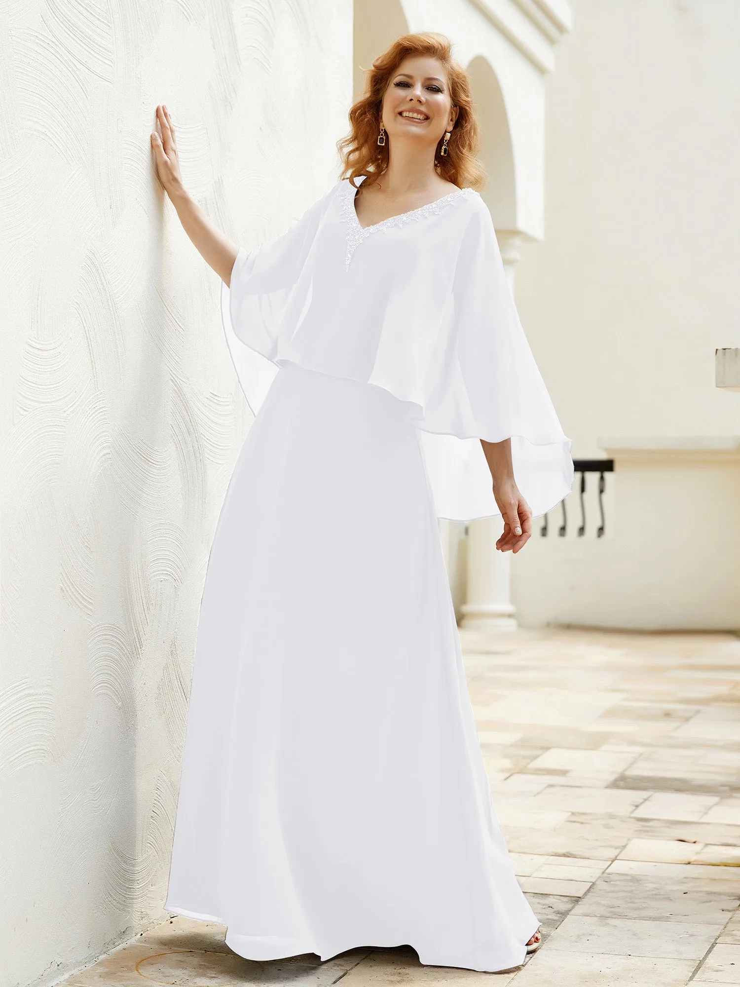 A-Line Flutter Cape Sleeves Dress with Beaded V-neck-White