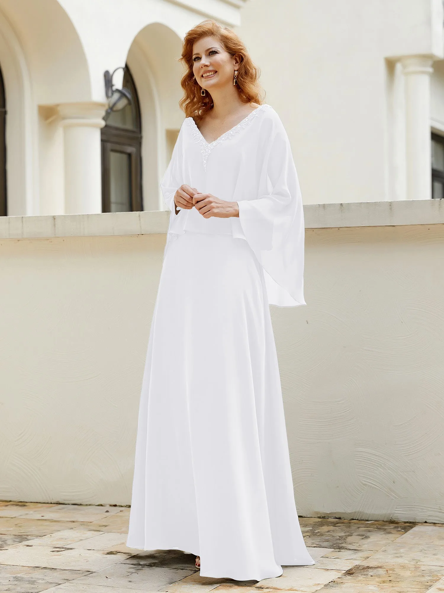 A-Line Flutter Cape Sleeves Dress with Beaded V-neck-White