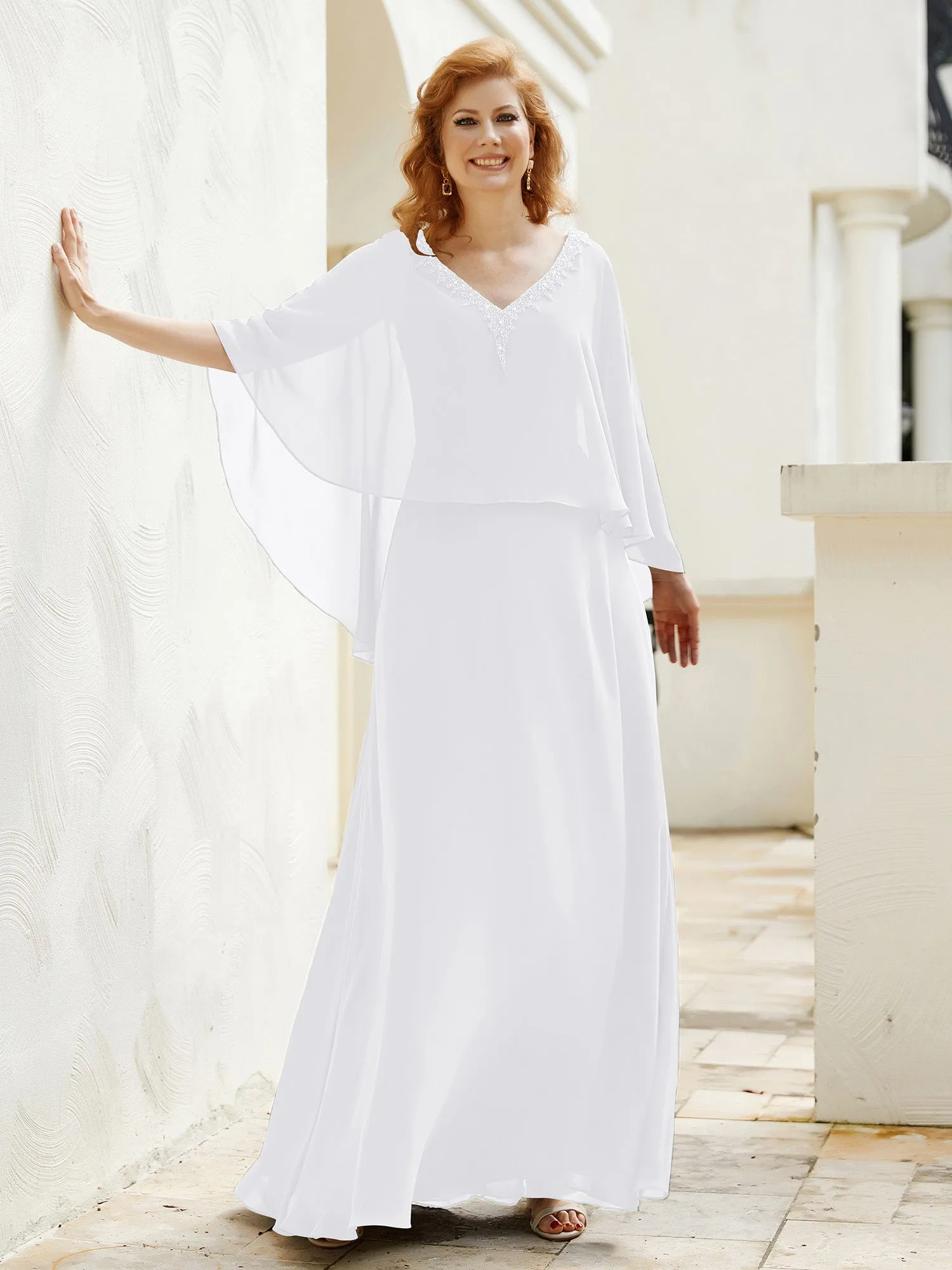 A-Line Flutter Cape Sleeves Dress with Beaded V-neck-White