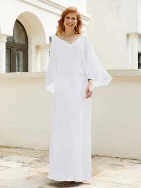 A-Line Flutter Cape Sleeves Dress with Beaded V-neck-White