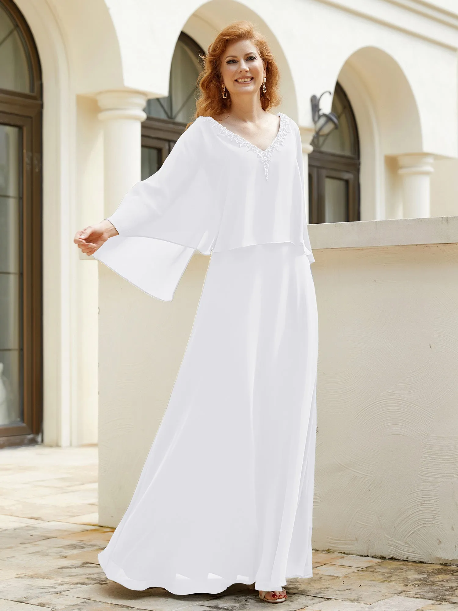 A-Line Flutter Cape Sleeves Dress with Beaded V-neck-White