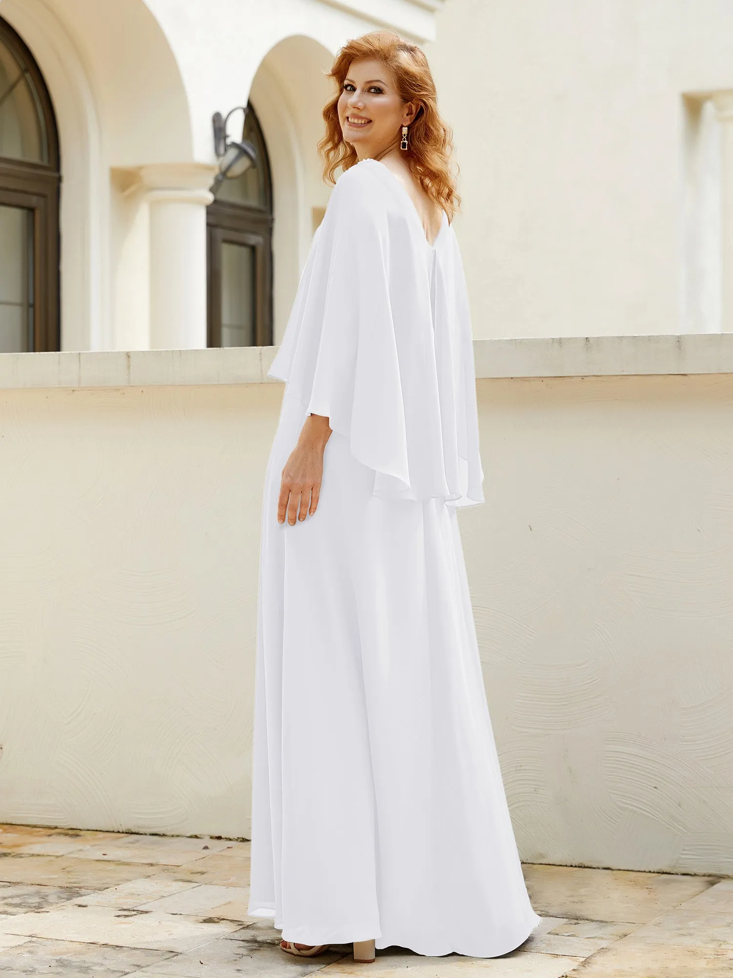 A-Line Flutter Cape Sleeves Dress with Beaded V-neck-White