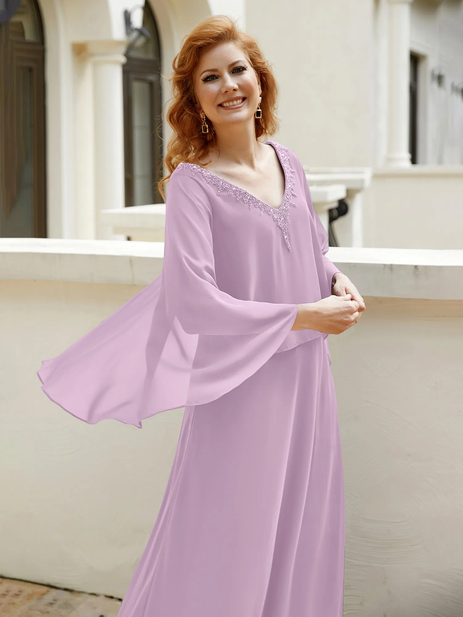 A-Line Flutter Cape Sleeves Dress with Beaded V-neck-Wisteria