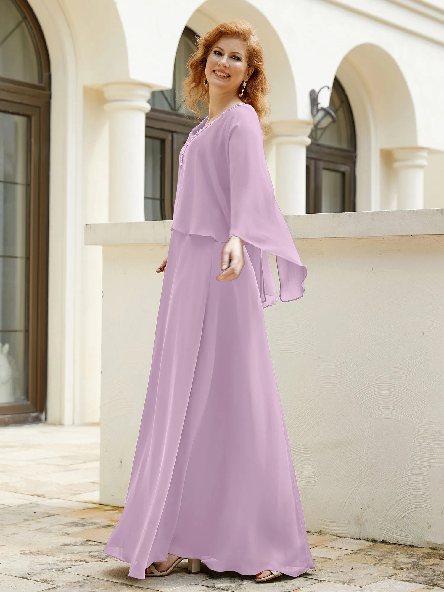 A-Line Flutter Cape Sleeves Dress with Beaded V-neck-Wisteria