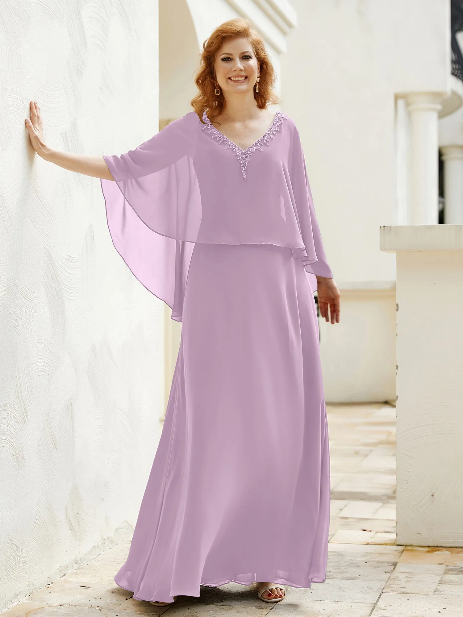 A-Line Flutter Cape Sleeves Dress with Beaded V-neck-Wisteria