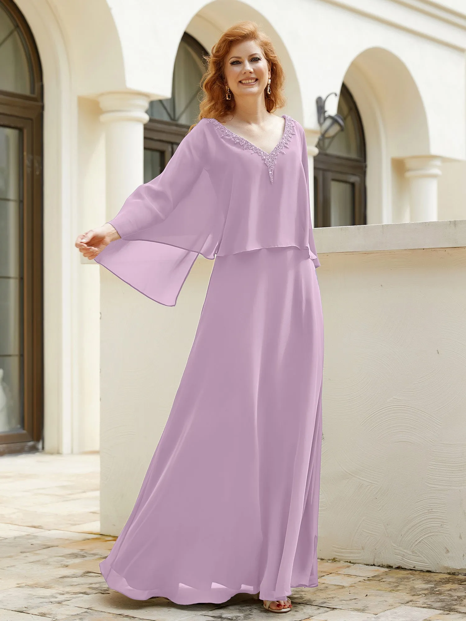 A-Line Flutter Cape Sleeves Dress with Beaded V-neck-Wisteria