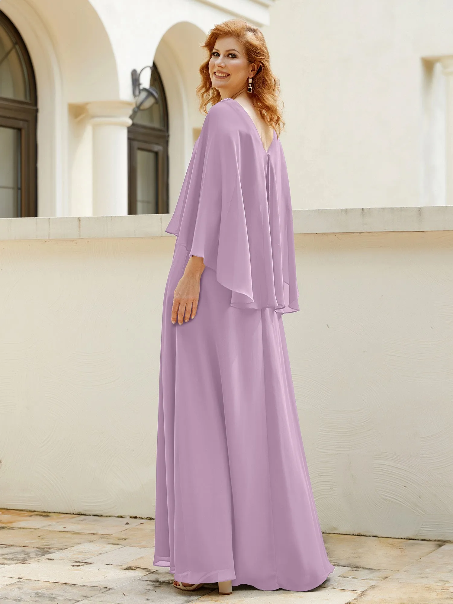 A-Line Flutter Cape Sleeves Dress with Beaded V-neck-Wisteria